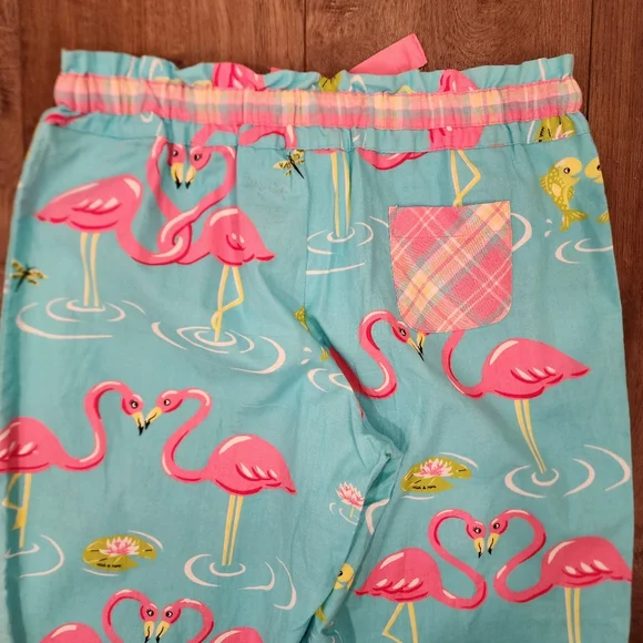 Nick & Nora Flannel Pajama Bottoms Flamingo Dragonfly Lilly Pad Plaid size Med - Picture 8 of 10